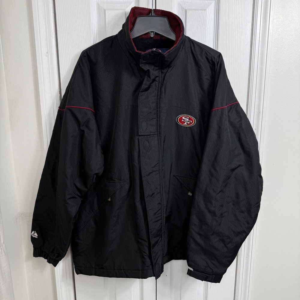 Vintage Y2K Majestic San Francisco 49ers Jacket Mens M Black NFL Spellout